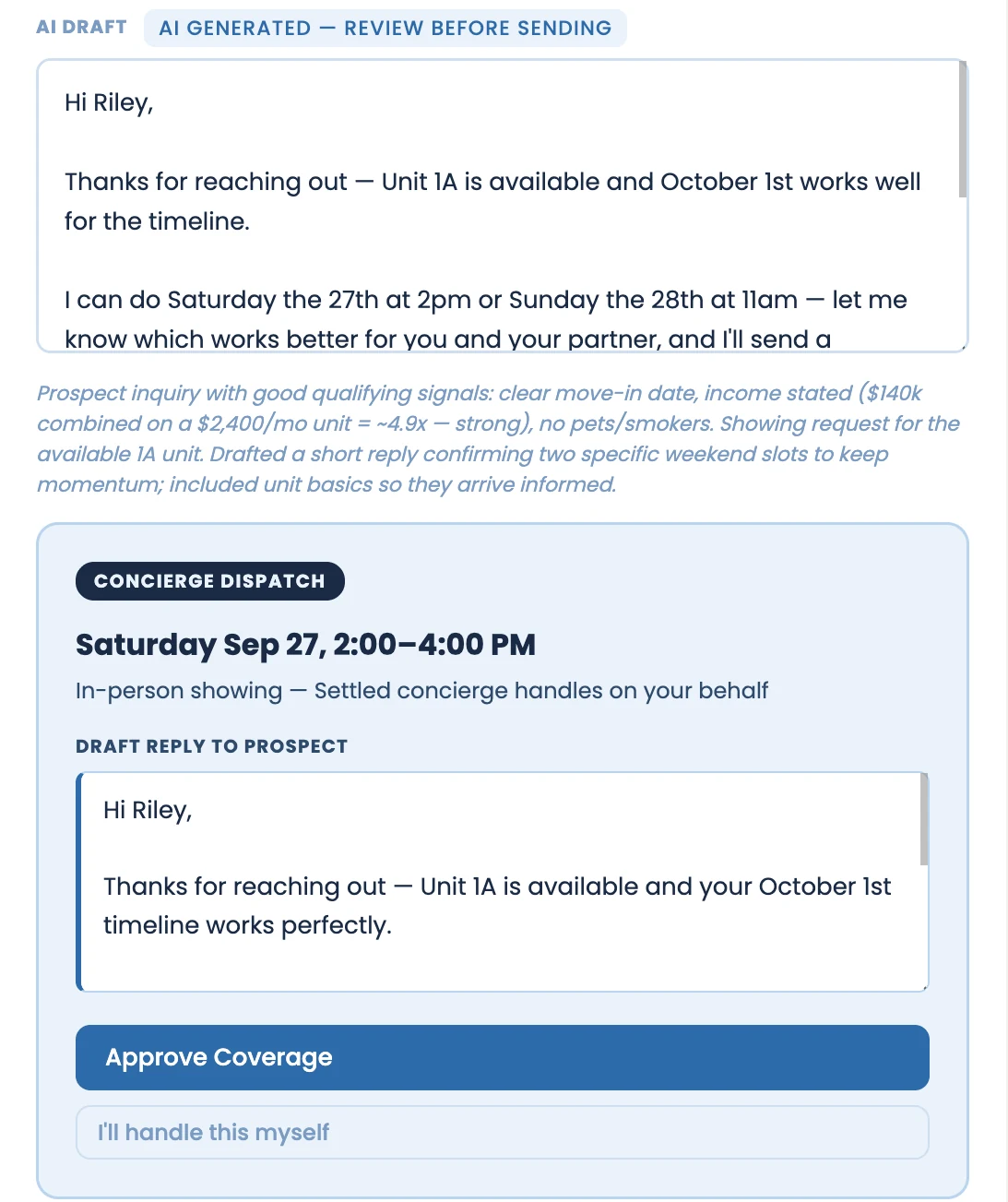 Concierge Dispatch: an in-person showing Saturday 2–4 PM, with a drafted reply to the prospect and an Approve Coverage button