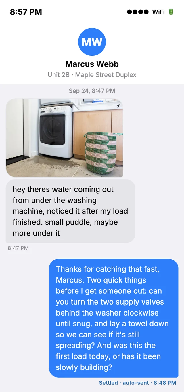 Tenant text thread: Marcus reports a washer leak with a photo; Settled replies a minute later with safety steps and triage questions