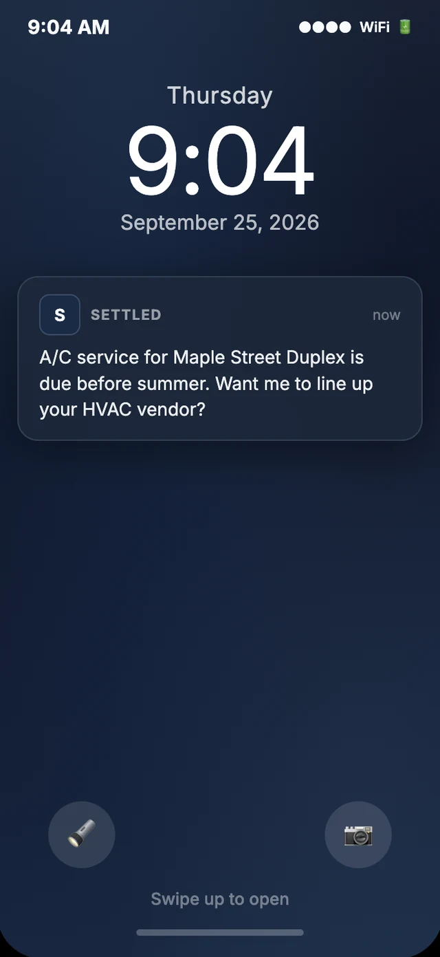 Owner lock screen: Settled nudges that A/C service is due and offers to line up the HVAC vendor